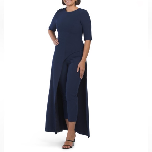 KAY UNGER Navy Davina Asymmetrical Front Jumpsuit With Skirt Overlay